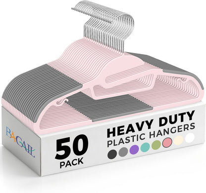 Plastic Hangers 50 Pack with Non-Slip Design,0.2 Inches Thick, 360°Swivel Hook Space Saving Organizer for Bedroom Closet,Shirts,Pants(Pink- S Shaped)