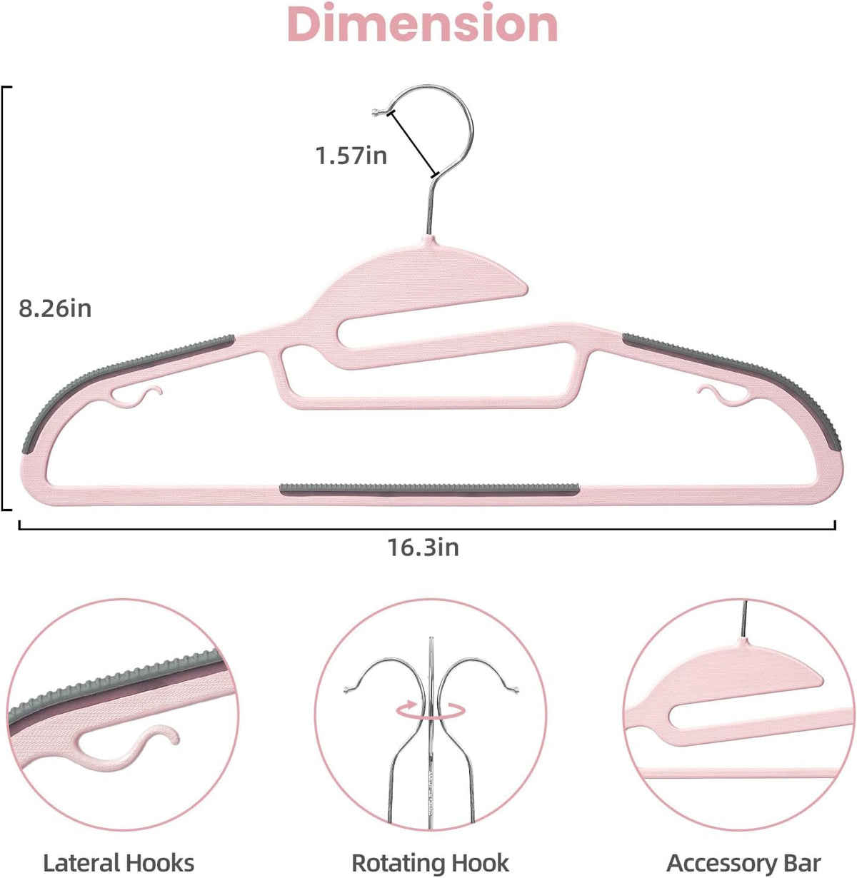 Plastic Hangers 50 Pack with Non-Slip Design,0.2 Inches Thick, 360°Swivel Hook Space Saving Organizer for Bedroom Closet,Shirts,Pants(Pink- S Shaped)
