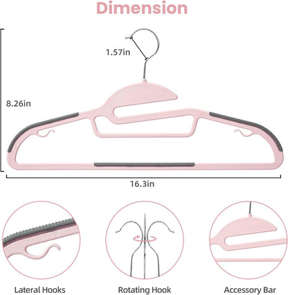 Plastic Hangers 50 Pack with Non-Slip Design,0.2 Inches Thick, 360°Swivel Hook Space Saving Organizer for Bedroom Closet,Shirts,Pants(Pink- S Shaped)