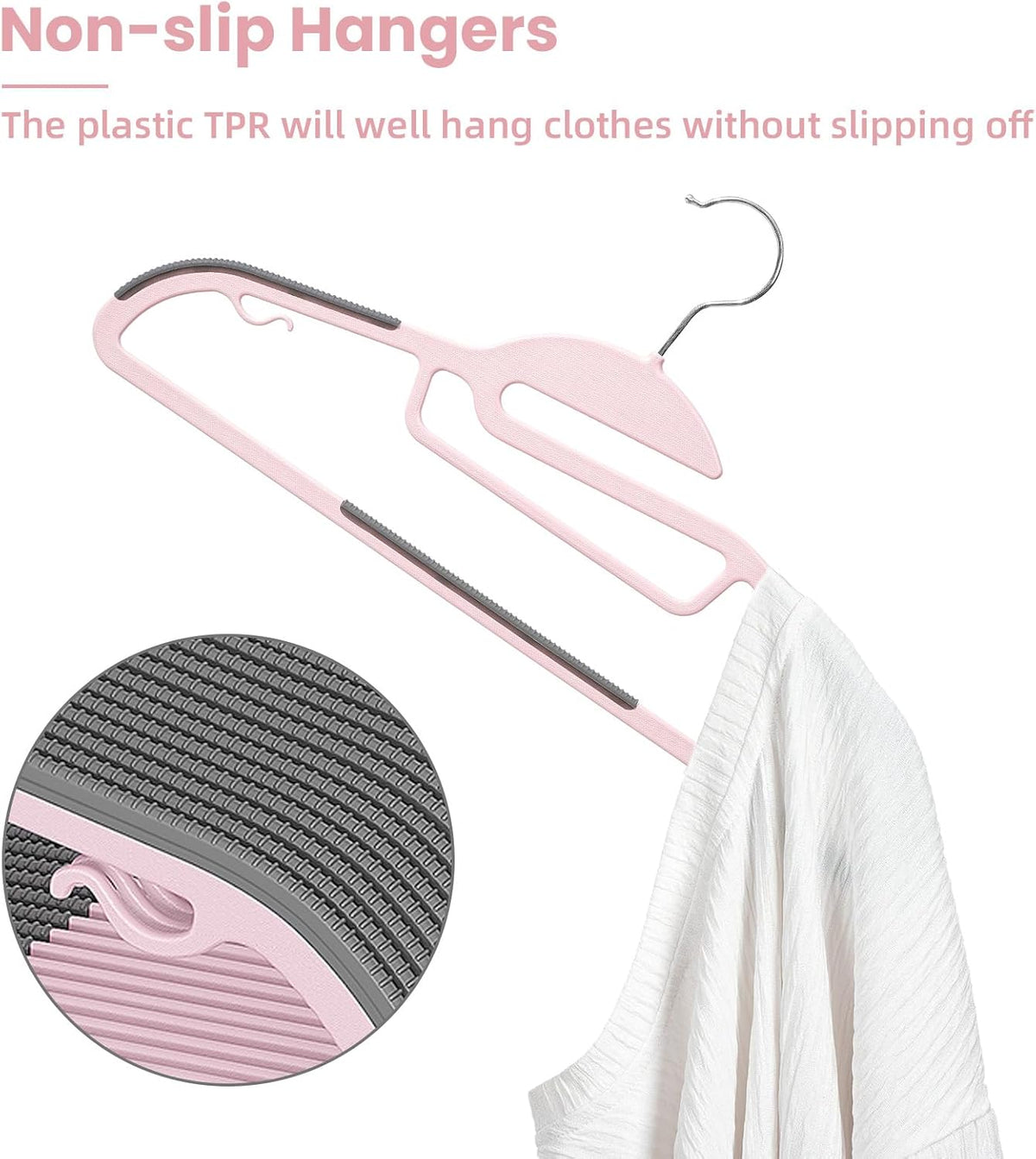 Plastic Hangers 50 Pack with Non-Slip Design,0.2 Inches Thick, 360°Swivel Hook Space Saving Organizer for Bedroom Closet,Shirts,Pants(Pink- S Shaped)