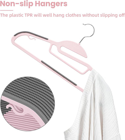 Plastic Hangers 50 Pack with Non-Slip Design,0.2 Inches Thick, 360°Swivel Hook Space Saving Organizer for Bedroom Closet,Shirts,Pants(Pink- S Shaped)