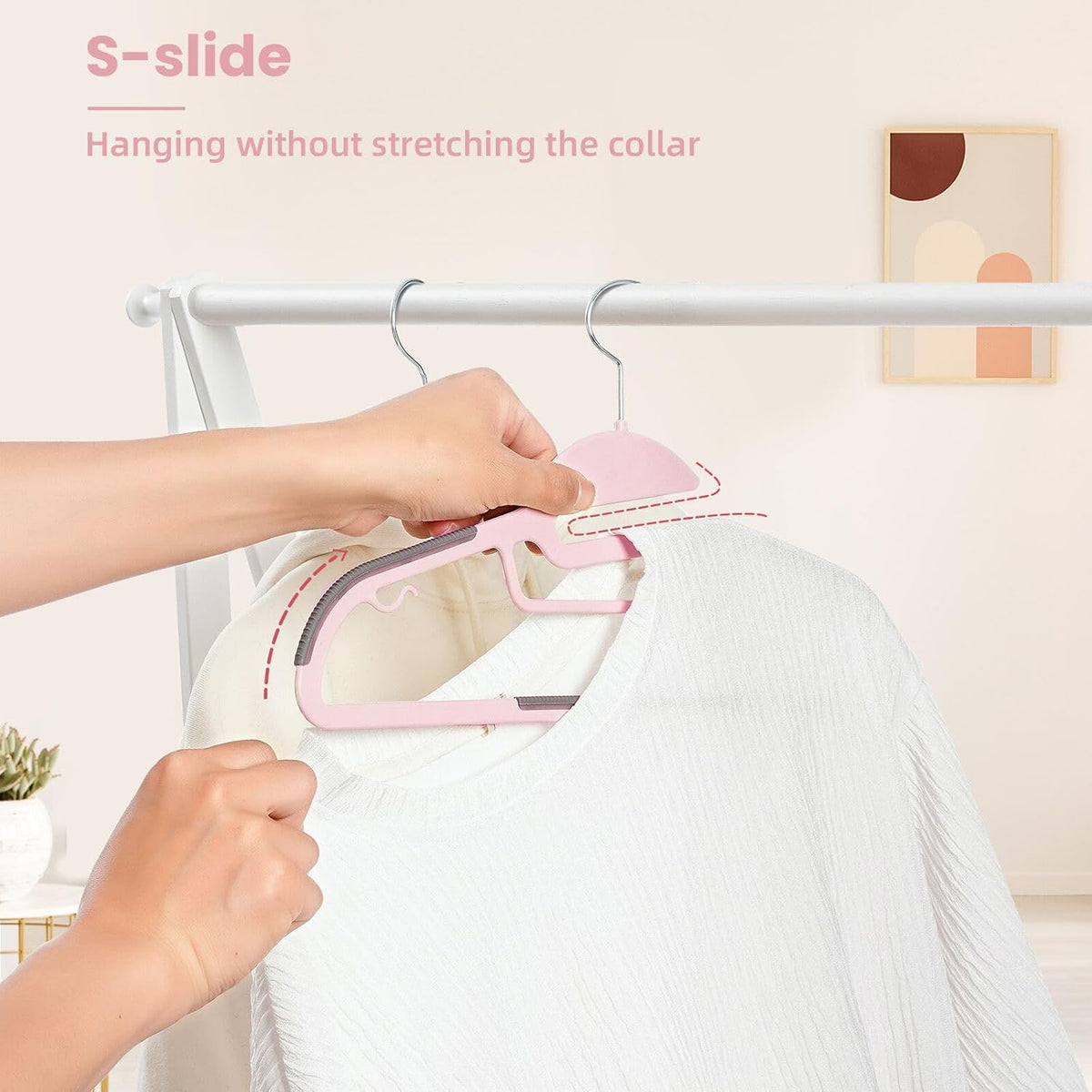 Plastic Hangers 50 Pack with Non-Slip Design,0.2 Inches Thick, 360°Swivel Hook Space Saving Organizer for Bedroom Closet,Shirts,Pants(Pink- S Shaped)