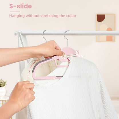 Plastic Hangers 50 Pack with Non-Slip Design,0.2 Inches Thick, 360°Swivel Hook Space Saving Organizer for Bedroom Closet,Shirts,Pants(Pink- S Shaped)