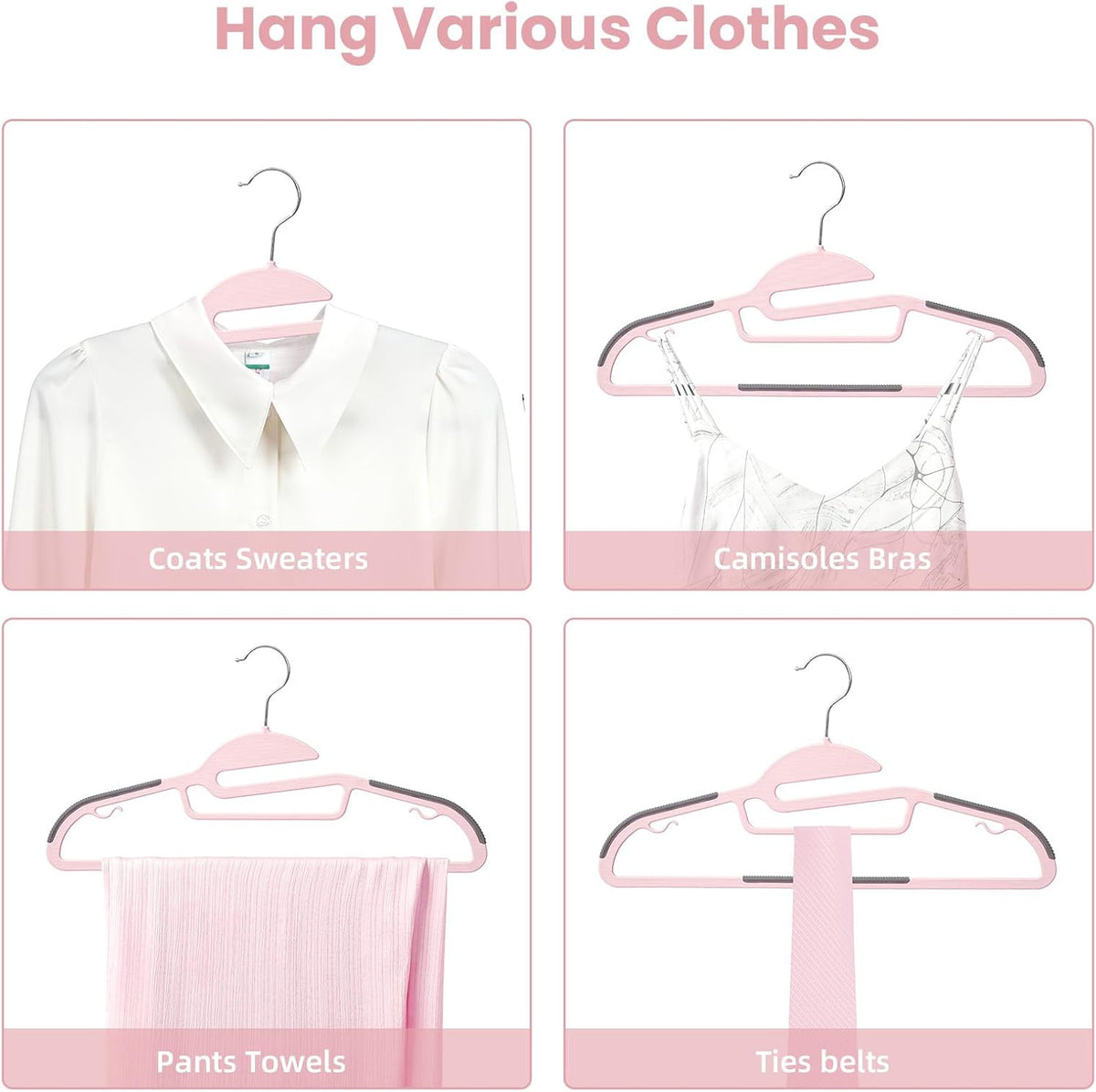 Plastic Hangers 50 Pack with Non-Slip Design,0.2 Inches Thick, 360°Swivel Hook Space Saving Organizer for Bedroom Closet,Shirts,Pants(Pink- S Shaped)