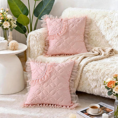 Elegant Ruffled Decorative Throw Pillow Covers, Quilted Floral Pattern with Lace Trim, (Pink,18" x 18" (Pack of 2))