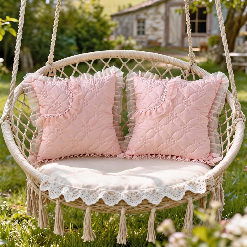 Elegant Ruffled Decorative Throw Pillow Covers, Quilted Floral Pattern with Lace Trim, (Pink,18" x 18" (Pack of 2))