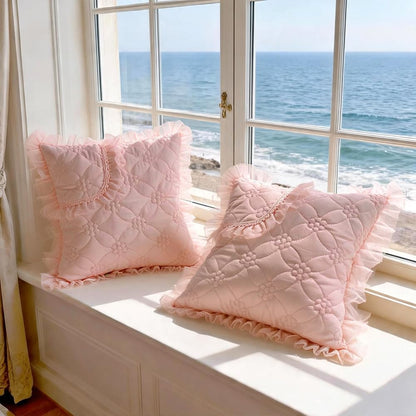 Elegant Ruffled Decorative Throw Pillow Covers, Quilted Floral Pattern with Lace Trim, (Pink,18" x 18" (Pack of 2))