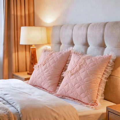 Elegant Ruffled Decorative Throw Pillow Covers, Quilted Floral Pattern with Lace Trim, (Pink,18" x 18" (Pack of 2))