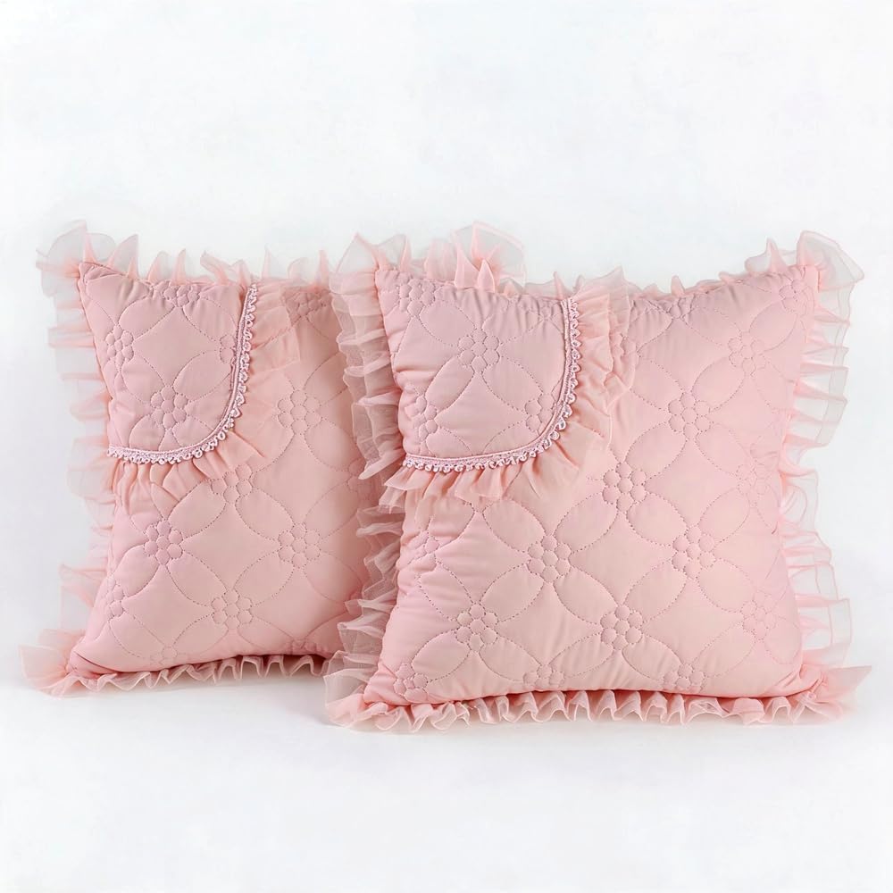 Elegant Ruffled Decorative Throw Pillow Covers, Quilted Floral Pattern with Lace Trim, (Pink,18" x 18" (Pack of 2))