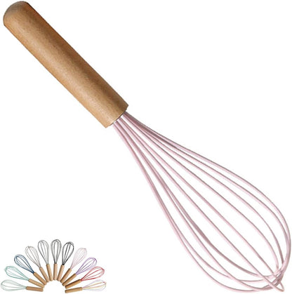 1-Piece Pink Silicone Whisk with Wooden Handle 10-inch Non Stick Balloon Whisk Egg Beater for Pancake Batter, Eggs and Egg Whites, Cake Mix, Blending, Gravy and Sauces
