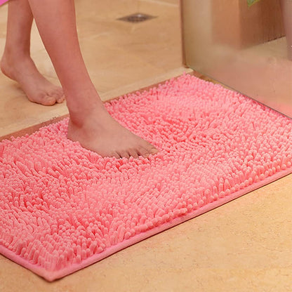 Rectangle Sloid Bath Rug Mat Soft Absorbent Plush Chenille Shower Mat Microfiber Bathroom Rug Non-Slip Machine Washable Shag Rugs Carpet for Door Bedroom, Bathtub, Pink, 18"x28"