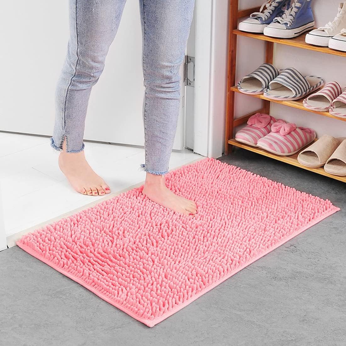Rectangle Sloid Bath Rug Mat Soft Absorbent Plush Chenille Shower Mat Microfiber Bathroom Rug Non-Slip Machine Washable Shag Rugs Carpet for Door Bedroom, Bathtub, Pink, 18"x28"