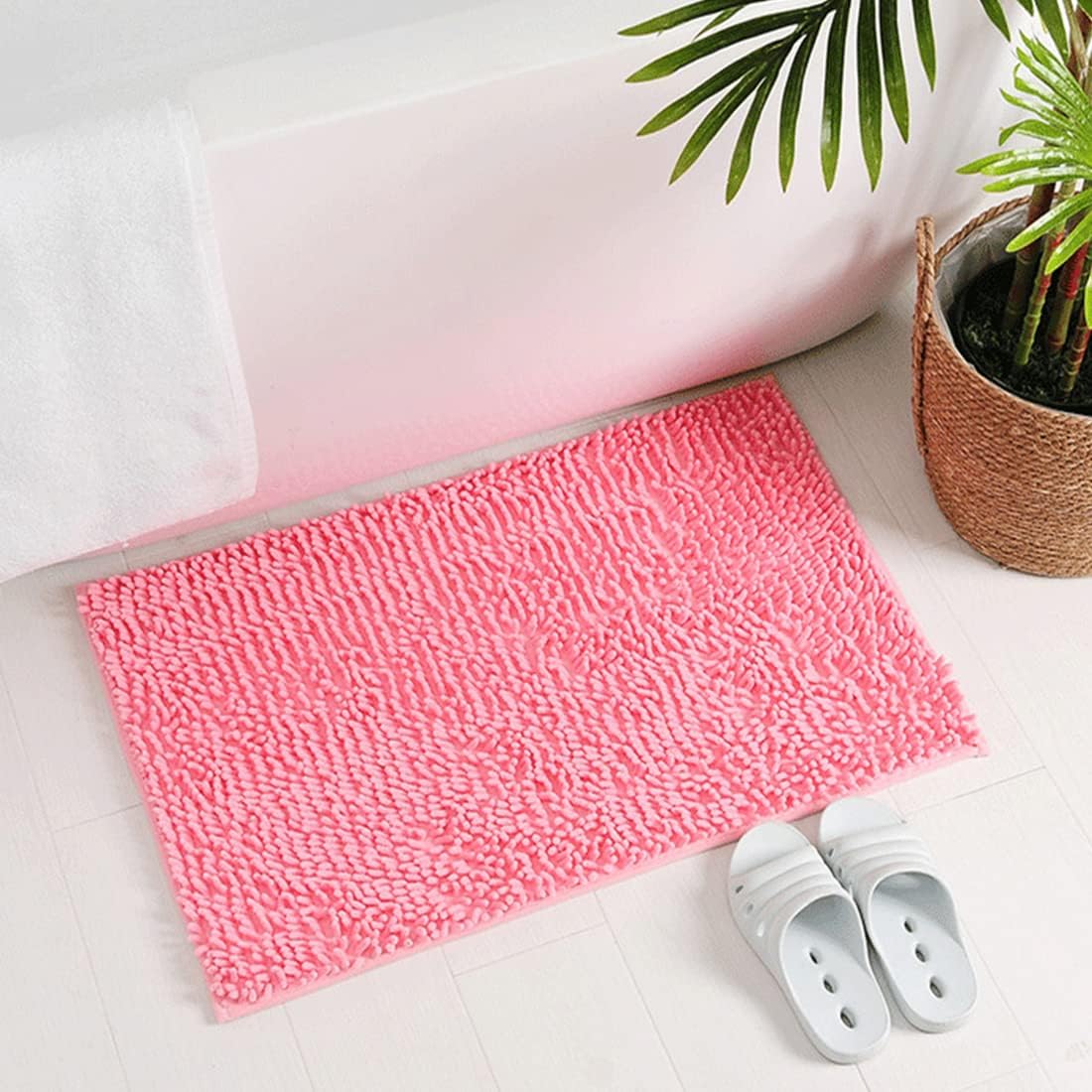 Rectangle Sloid Bath Rug Mat Soft Absorbent Plush Chenille Shower Mat Microfiber Bathroom Rug Non-Slip Machine Washable Shag Rugs Carpet for Door Bedroom, Bathtub, Pink, 18"x28"