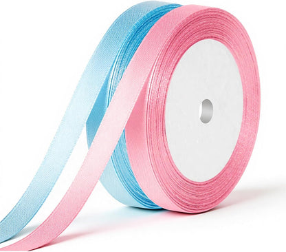 2 Rolls Pink and Blue Ribbon, Light Blue Ribbon, Pink Ribbons for Gift Wrapping Light Double Faced Satin Ribbons, Fabric for Flowers, DIY Crafts, Birthday Cakes, Holiday Decorations