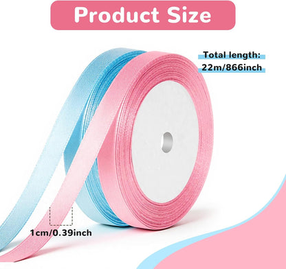 2 Rolls Pink and Blue Ribbon, Light Blue Ribbon, Pink Ribbons for Gift Wrapping Light Double Faced Satin Ribbons, Fabric for Flowers, DIY Crafts, Birthday Cakes, Holiday Decorations
