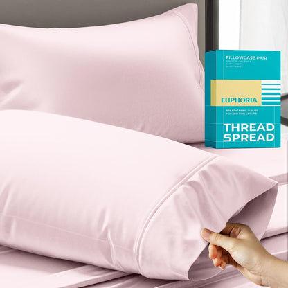 100% Egyptian Cotton Queen Pillow Cases Set of 2 - Luxury 800 Series Euphoria Collection Queen Pillow Cases (Blush), Soft Cooling Hotel Cotton Pillowcases, Fits Standard Pillows