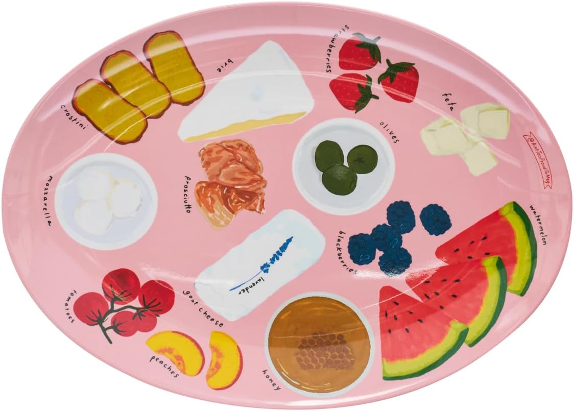 Melamine Serving Tray by Meg Quinn – Pink Serving Platter for Summer with Placement Guide. Dishwasher Safe Tray for Charcuterie, Cheese, & Snacks.