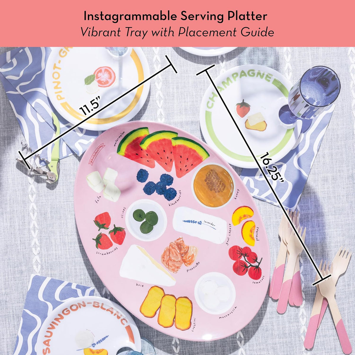Melamine Serving Tray by Meg Quinn – Pink Serving Platter for Summer with Placement Guide. Dishwasher Safe Tray for Charcuterie, Cheese, & Snacks.