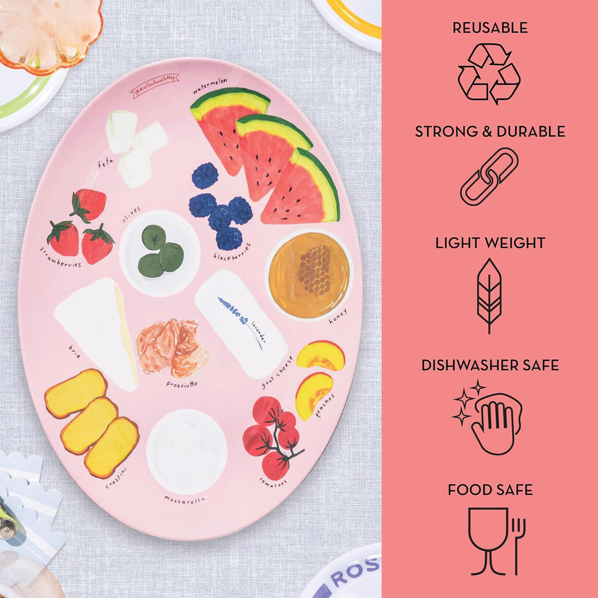 Melamine Serving Tray by Meg Quinn – Pink Serving Platter for Summer with Placement Guide. Dishwasher Safe Tray for Charcuterie, Cheese, & Snacks.