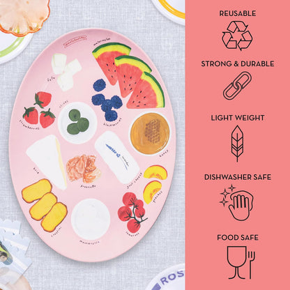 Melamine Serving Tray by Meg Quinn – Pink Serving Platter for Summer with Placement Guide. Dishwasher Safe Tray for Charcuterie, Cheese, & Snacks.