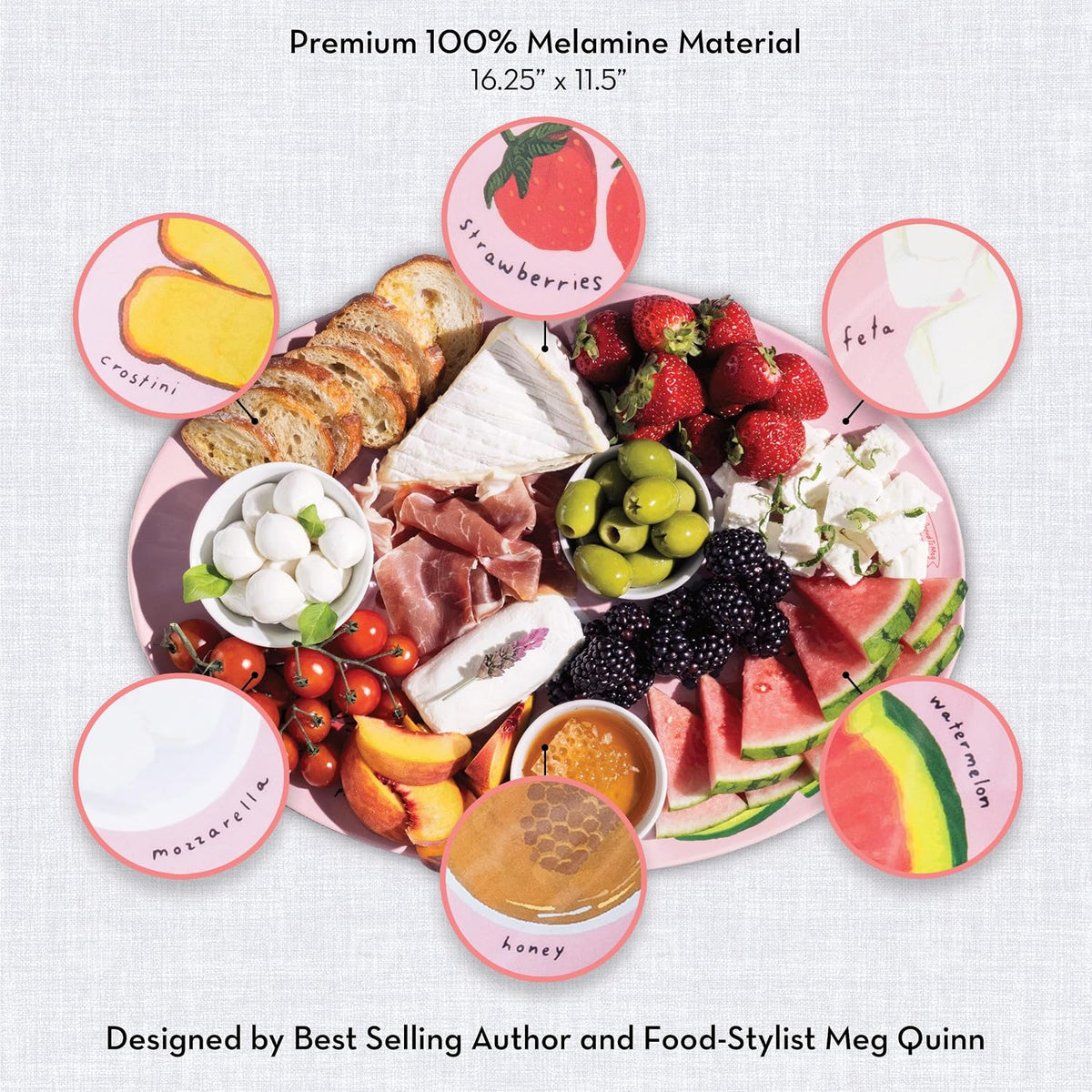 Melamine Serving Tray by Meg Quinn – Pink Serving Platter for Summer with Placement Guide. Dishwasher Safe Tray for Charcuterie, Cheese, & Snacks.