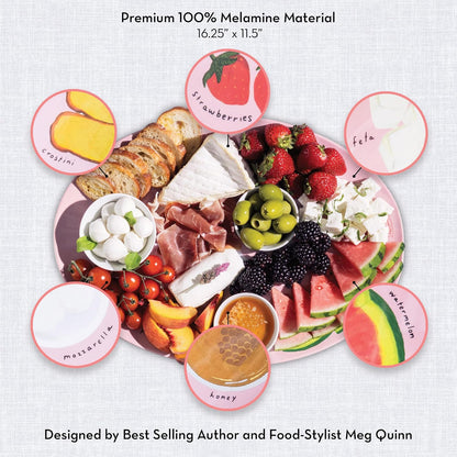 Melamine Serving Tray by Meg Quinn – Pink Serving Platter for Summer with Placement Guide. Dishwasher Safe Tray for Charcuterie, Cheese, & Snacks.