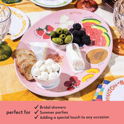 Melamine Serving Tray by Meg Quinn – Pink Serving Platter for Summer with Placement Guide. Dishwasher Safe Tray for Charcuterie, Cheese, & Snacks.