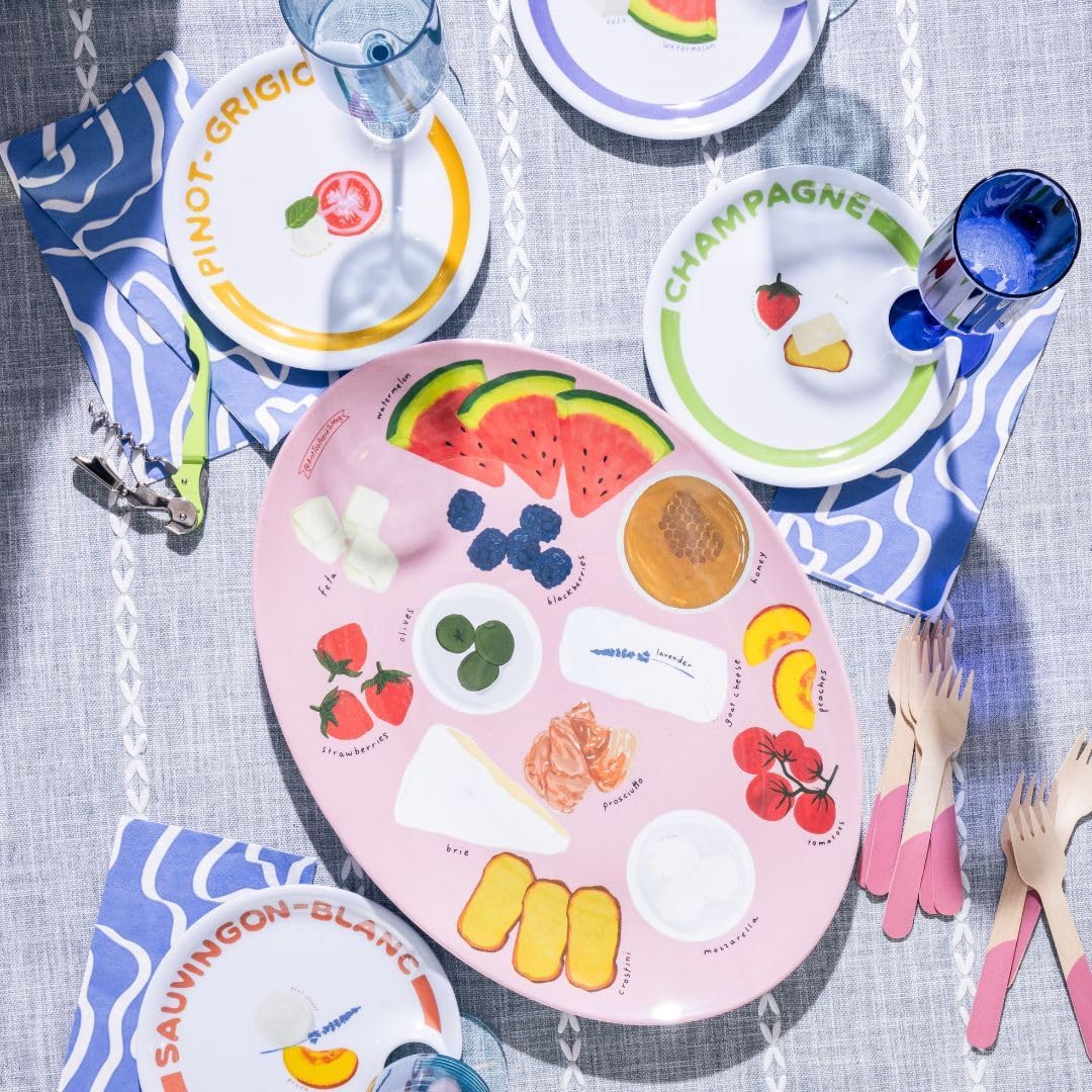 Melamine Serving Tray by Meg Quinn – Pink Serving Platter for Summer with Placement Guide. Dishwasher Safe Tray for Charcuterie, Cheese, & Snacks.