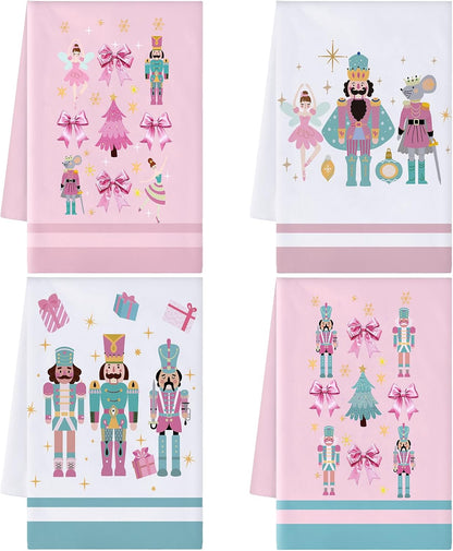 4 Pcs Nutcracker, Bow Christmas Hand Towels Pink Bow Reusable