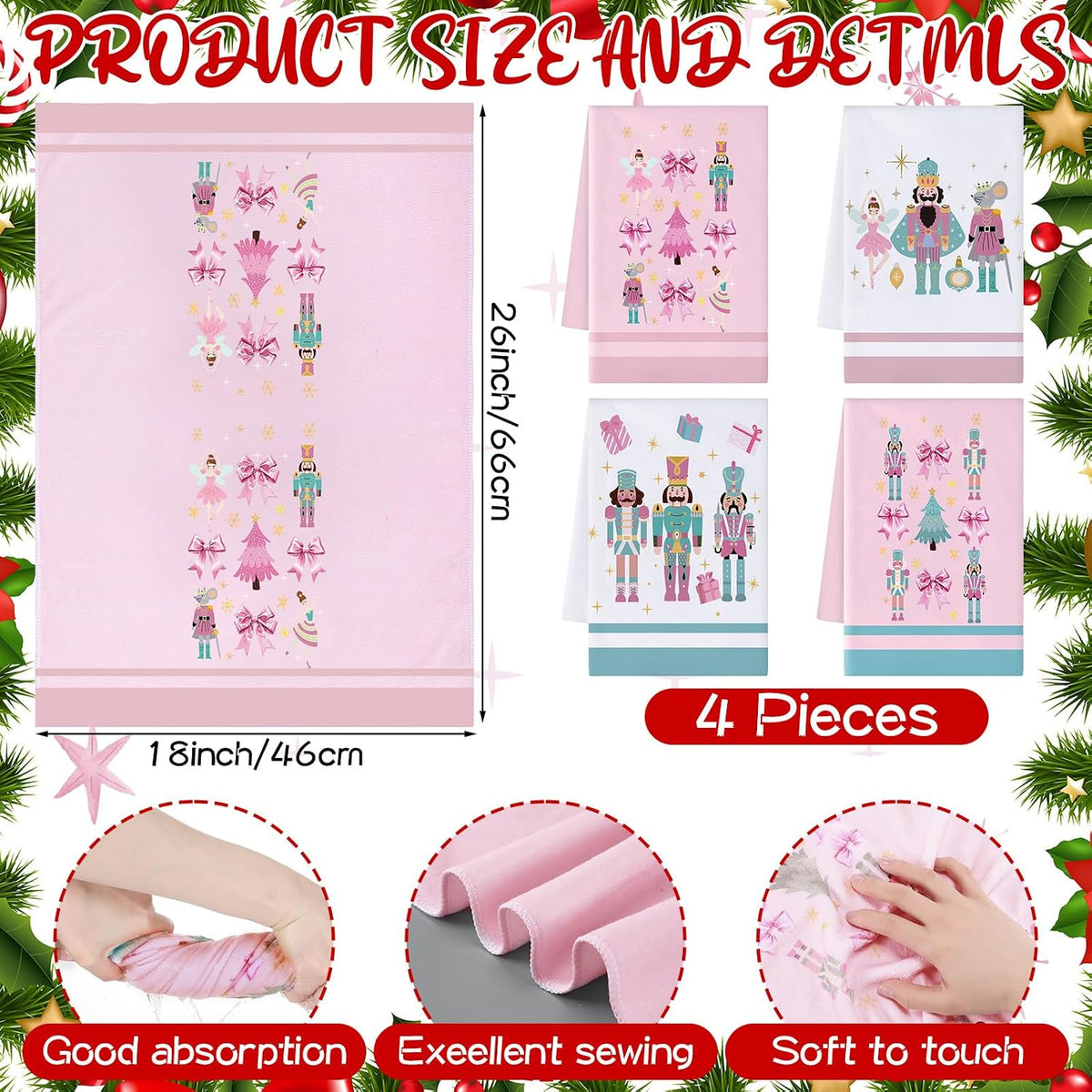 4 Pcs Nutcracker, Bow Christmas Hand Towels Pink Bow Reusable