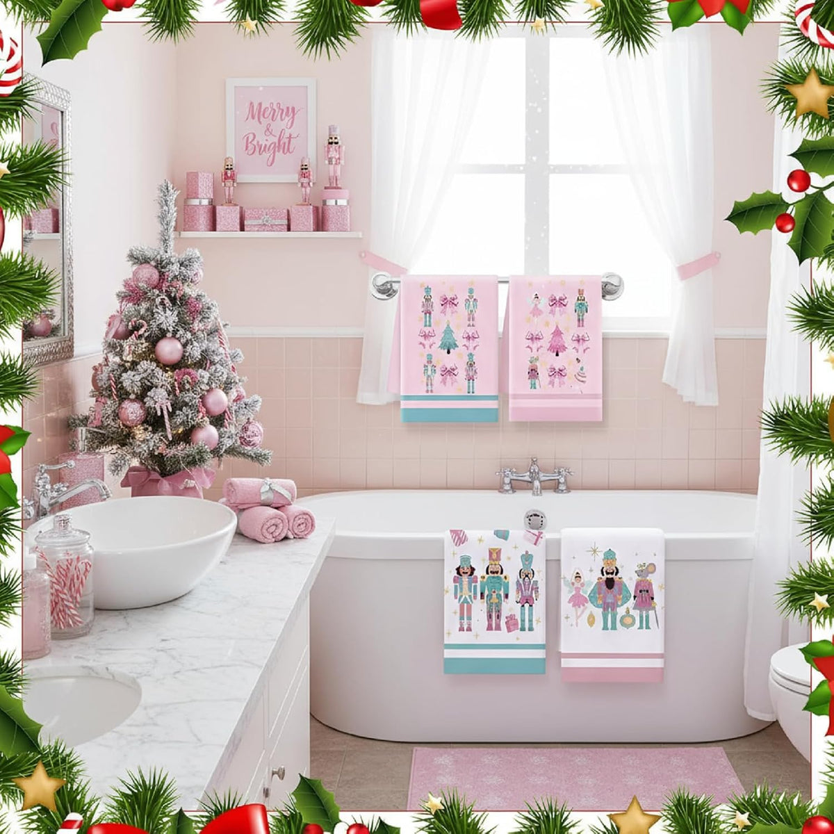 4 Pcs Nutcracker, Bow Christmas Hand Towels Pink Bow Reusable