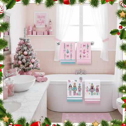 4 Pcs Nutcracker, Bow Christmas Hand Towels Pink Bow Reusable