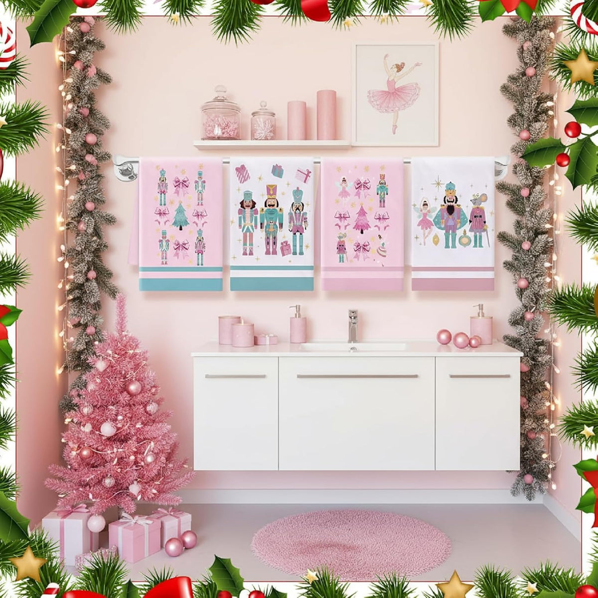 4 Pcs Nutcracker, Bow Christmas Hand Towels Pink Bow Reusable