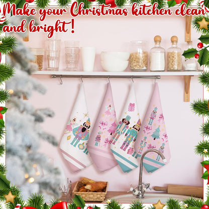 4 Pcs Nutcracker, Bow Christmas Hand Towels Pink Bow Reusable