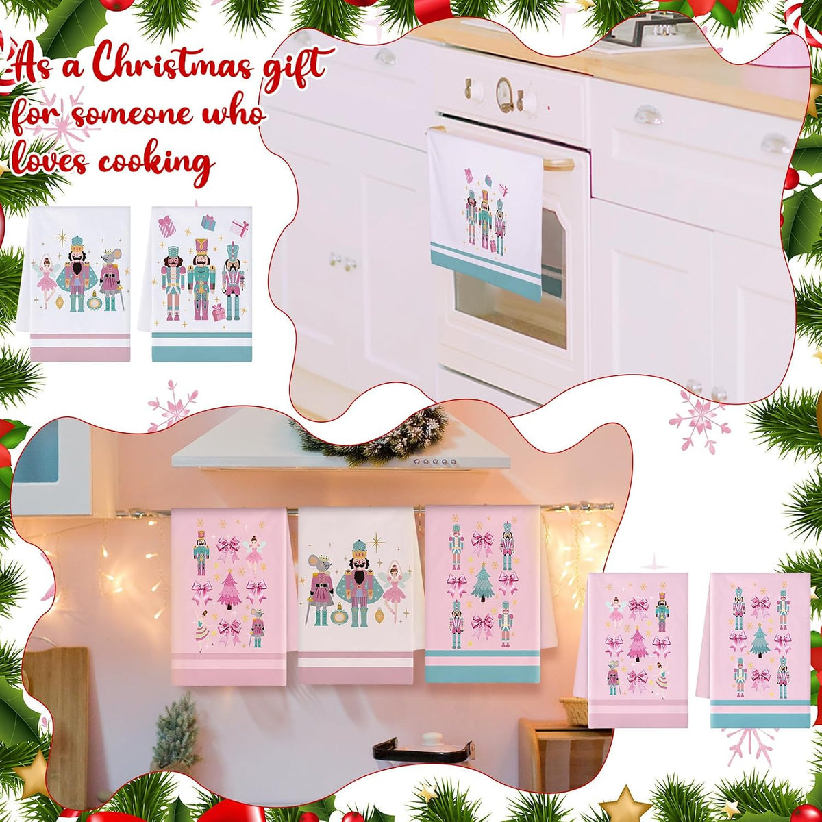 4 Pcs Nutcracker, Bow Christmas Hand Towels Pink Bow Reusable