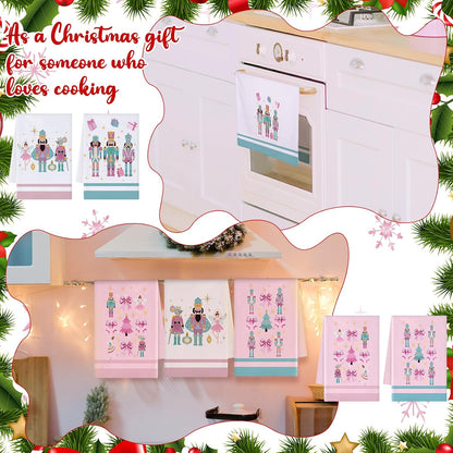 4 Pcs Nutcracker, Bow Christmas Hand Towels Pink Bow Reusable
