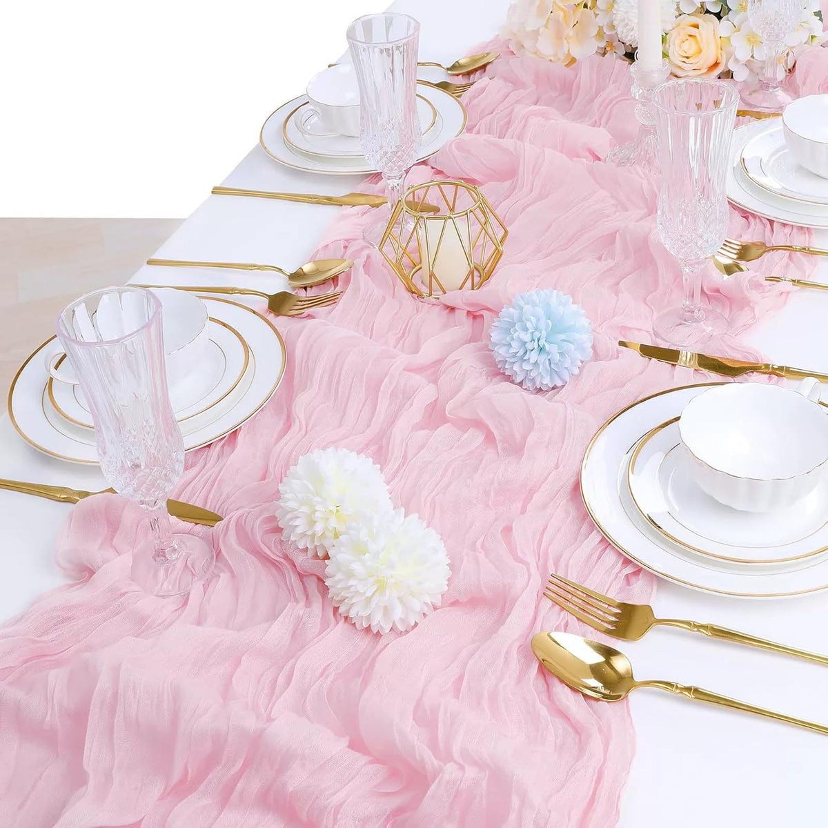 2 Pack Light Pink Cheesecloth Table Runner 35x120 Inch 10Ft Boho Gauze Fabric Table Runner Rustic Sheer Runner for Wedding Birthday Baby Shower Party Boho Table Decoration(Light Pink, 2 Pack)