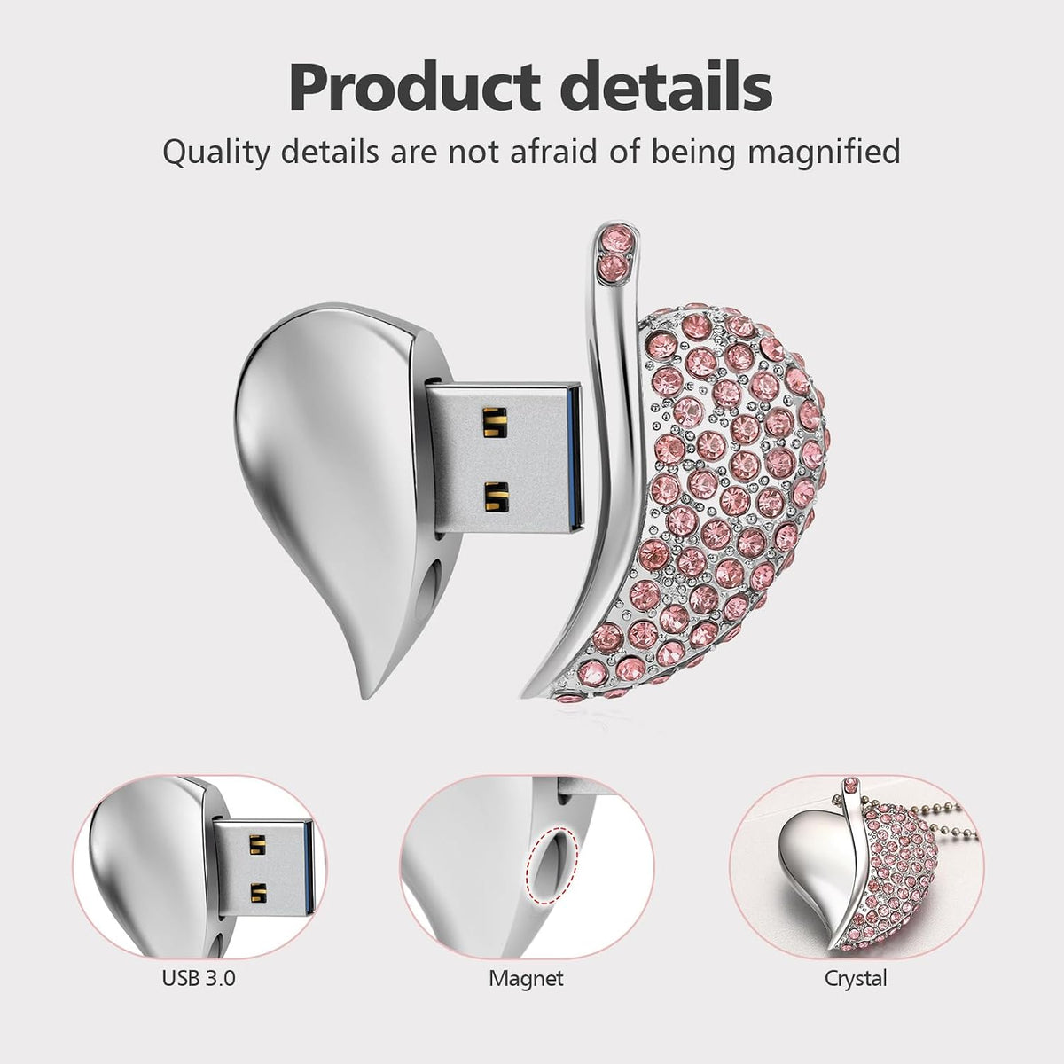 High Speed USB 3.0 Flash Drive,Cute Romantic Heart Shape USB Memory Stick,Thumb Drive for Photos, Music, Files Storage (Pink, 64, GB)