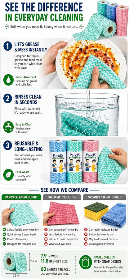 Reusable Paper Towels Washable, 2 Pack 120 Count Disposable Dish Cloths, Kitchen Washcloths Bathroom Hand Towels, Fast Dry Dishwashing Rags - Strong Absorbent - Green & Pink