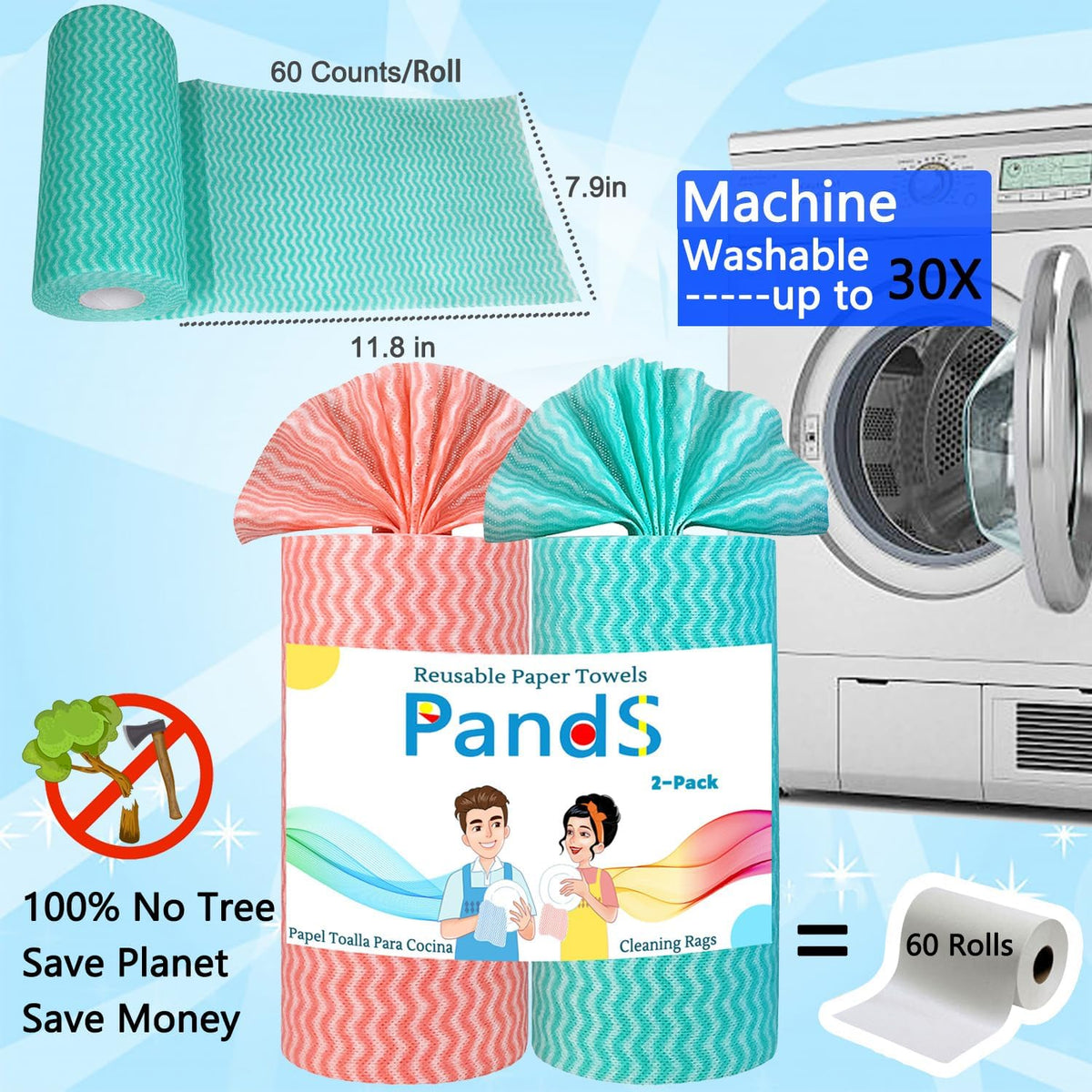 Reusable Paper Towels Washable, 2 Pack 120 Count Disposable Dish Cloths, Kitchen Washcloths Bathroom Hand Towels, Fast Dry Dishwashing Rags - Strong Absorbent - Green & Pink