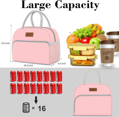 Lunch Bag for Women Men, Insulated Reusable Picnic Bag, 10.8"L x 6.3"W x 8.85"H, Pink