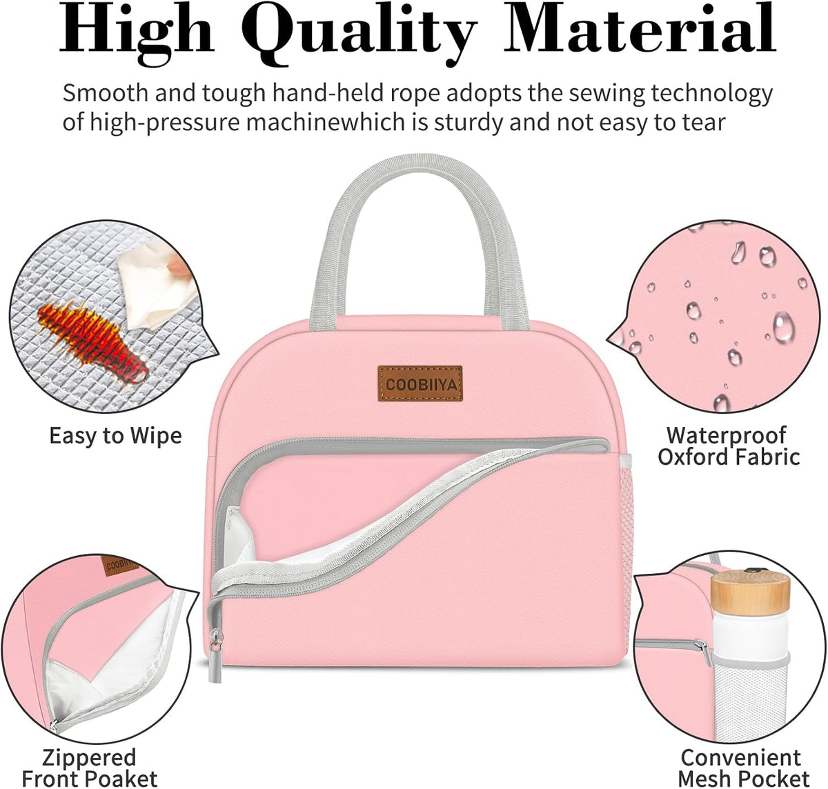 Lunch Bag for Women Men, Insulated Reusable Picnic Bag, 10.8"L x 6.3"W x 8.85"H, Pink