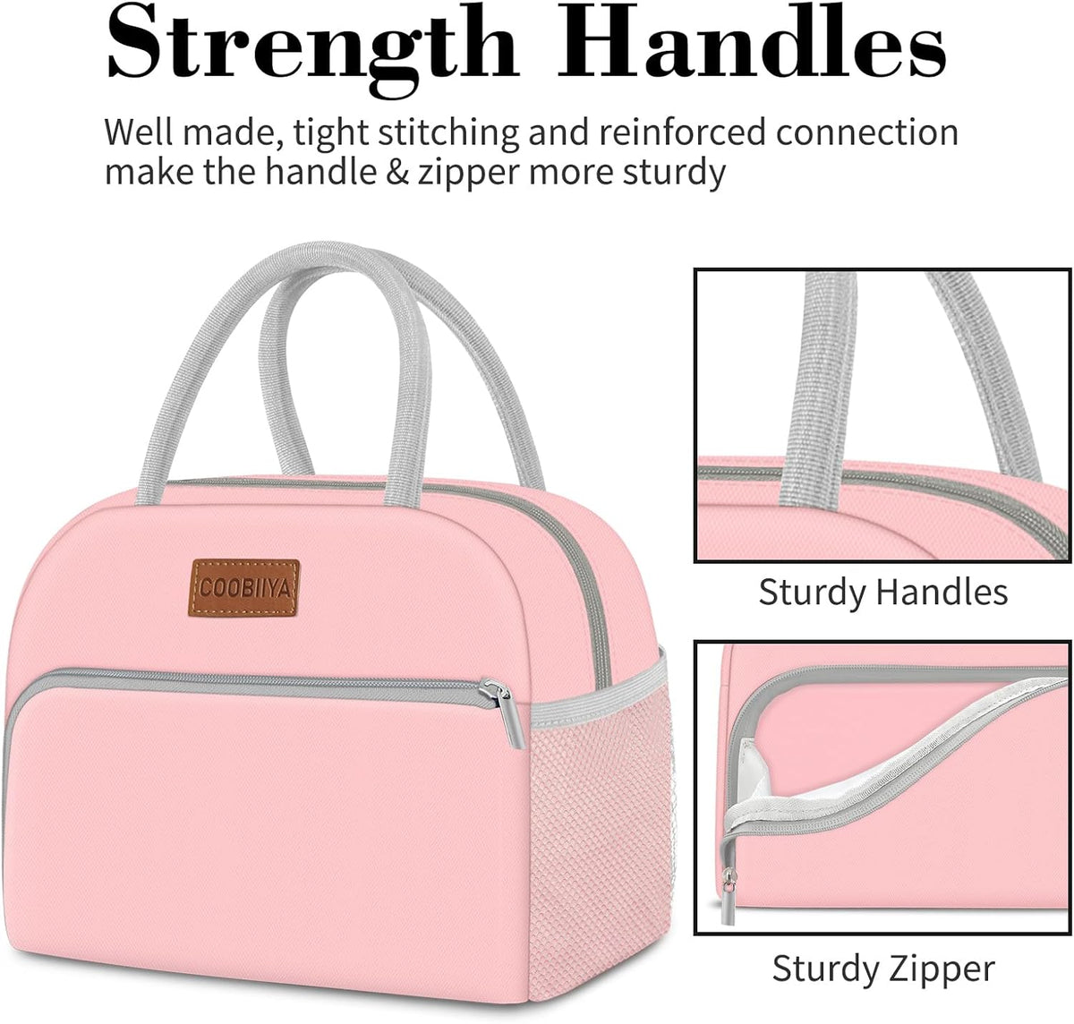 Lunch Bag for Women Men, Insulated Reusable Picnic Bag, 10.8"L x 6.3"W x 8.85"H, Pink