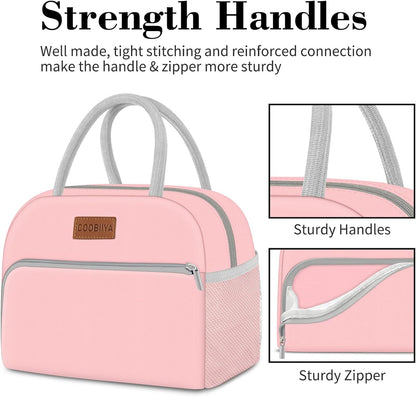 Lunch Bag for Women Men, Insulated Reusable Picnic Bag, 10.8"L x 6.3"W x 8.85"H, Pink
