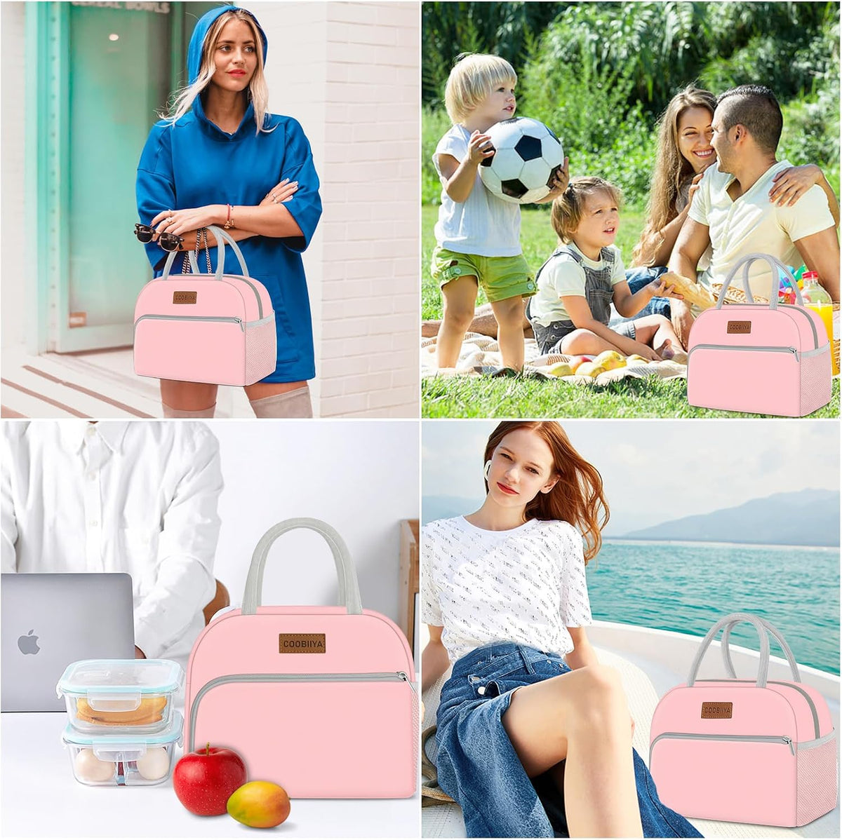 Lunch Bag for Women Men, Insulated Reusable Picnic Bag, 10.8"L x 6.3"W x 8.85"H, Pink