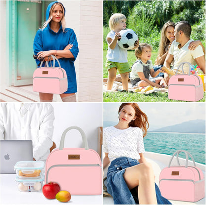 Lunch Bag for Women Men, Insulated Reusable Picnic Bag, 10.8"L x 6.3"W x 8.85"H, Pink