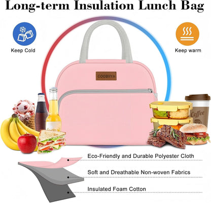 Lunch Bag for Women Men, Insulated Reusable Picnic Bag, 10.8"L x 6.3"W x 8.85"H, Pink
