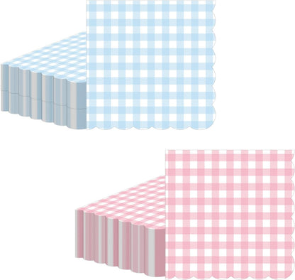 40PCS Gingham Scalloped Paper Napkins, Pink & Blue Plaid 5x5 inch Folded (10x10 inch Unfolded) Party Napkins for Baby Shower, Birthday, Picnic, Tea Party, Bridal Shower Decorations