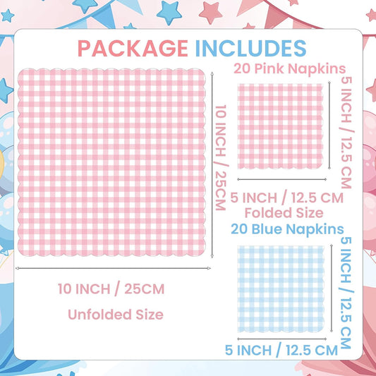 40PCS Gingham Scalloped Paper Napkins, Pink & Blue Plaid 5x5 inch Folded (10x10 inch Unfolded) Party Napkins for Baby Shower, Birthday, Picnic, Tea Party, Bridal Shower Decorations
