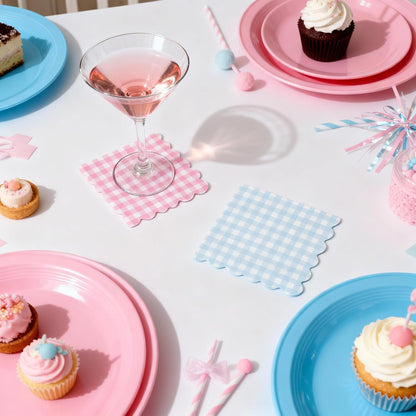 40PCS Gingham Scalloped Paper Napkins, Pink & Blue Plaid 5x5 inch Folded (10x10 inch Unfolded) Party Napkins for Baby Shower, Birthday, Picnic, Tea Party, Bridal Shower Decorations